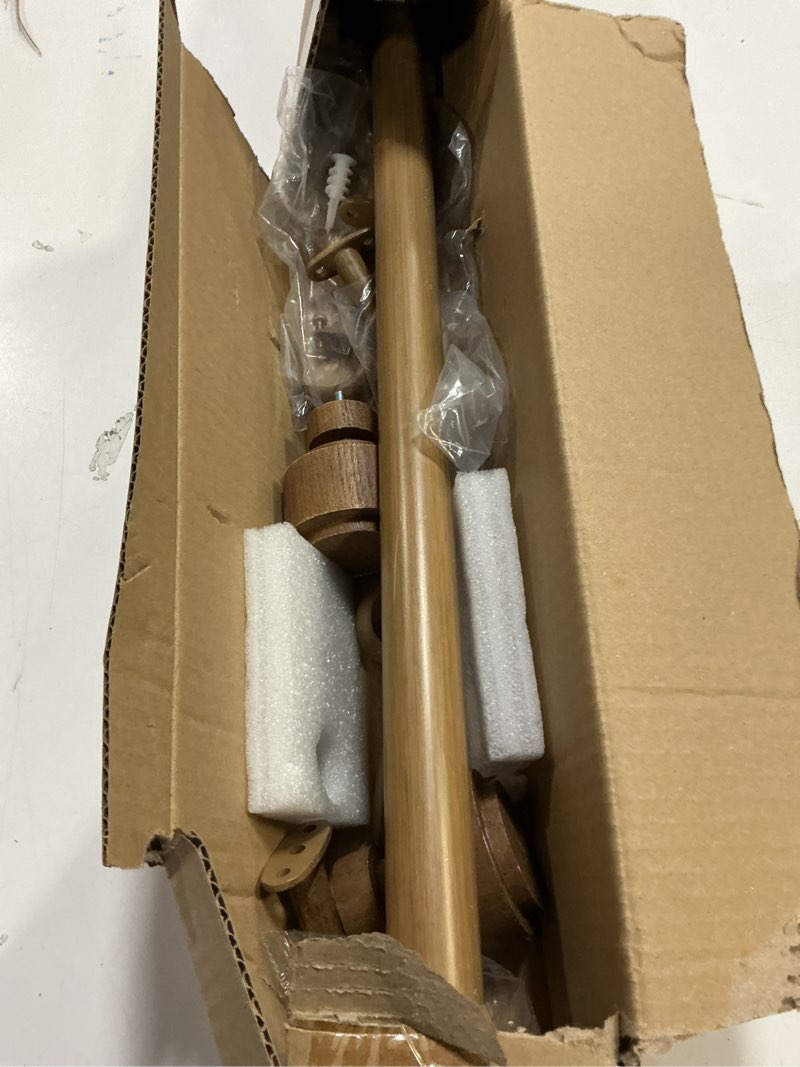 Condition photo showing As Is for 1-1/8 Inch Diameter Faux Wood Curtain Rod with Wood Grain Finials, 36-72 inch Telescoping Single Curtain Rods for window width 24-68 inch, 1 pack 36-72'' Chestnut color