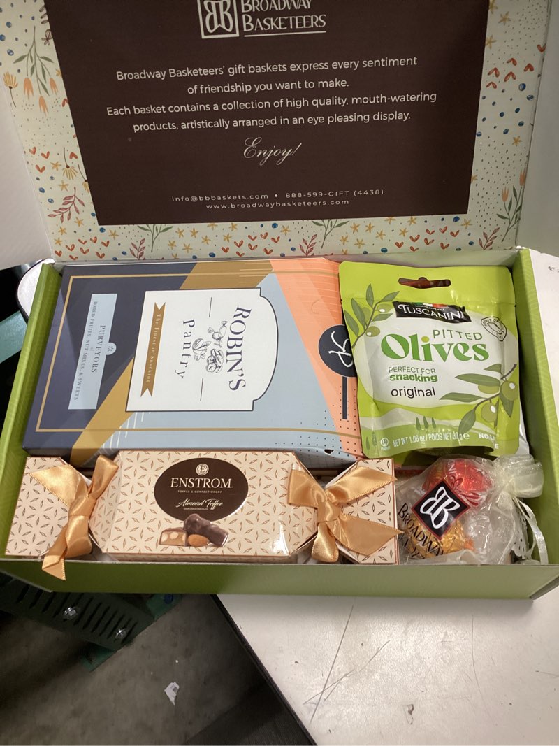 Condition photo showing New/Like New for (bbd:may/03/2027) )broadway basketeers thank you gift box for appreciation - gourmet delight - curated gourmet food - treats gift box - individually wrapped gourmet edible care package