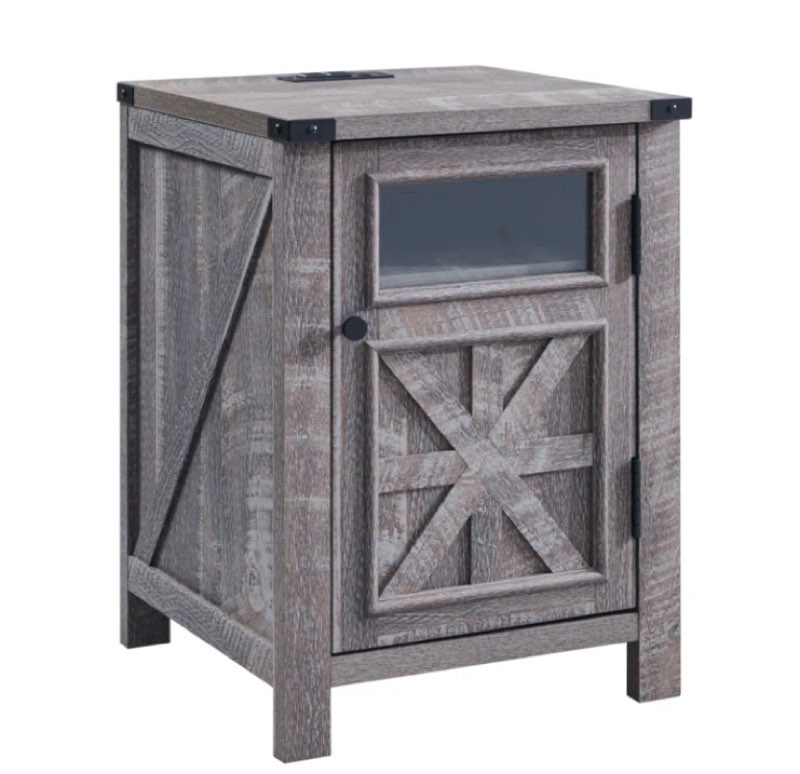 Ariellah 26'' Farmhouse End Table with Charging Station, Wood Nightstand with Adjustable Storage Shelf