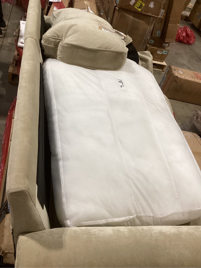 Condition photo showing As Is for serta copenhagen 78" rolled arm sofa, easy care polyester, soft pillow back, pocket coil seat cushions, removable covers, loveseat or couch for small spaces, living rooms or bedrooms, tan 78" sofa tan