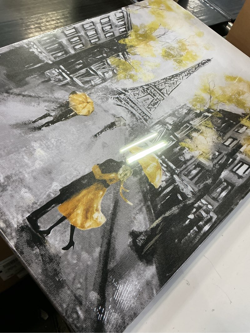 Condition photo showing Good Condition for iknow foto paris canvas prints black and white eiffel tower with yellow umbrellas romantic picture painting stretched gallery canvas wrap giclee print for couple bedroom decor 24x32inch