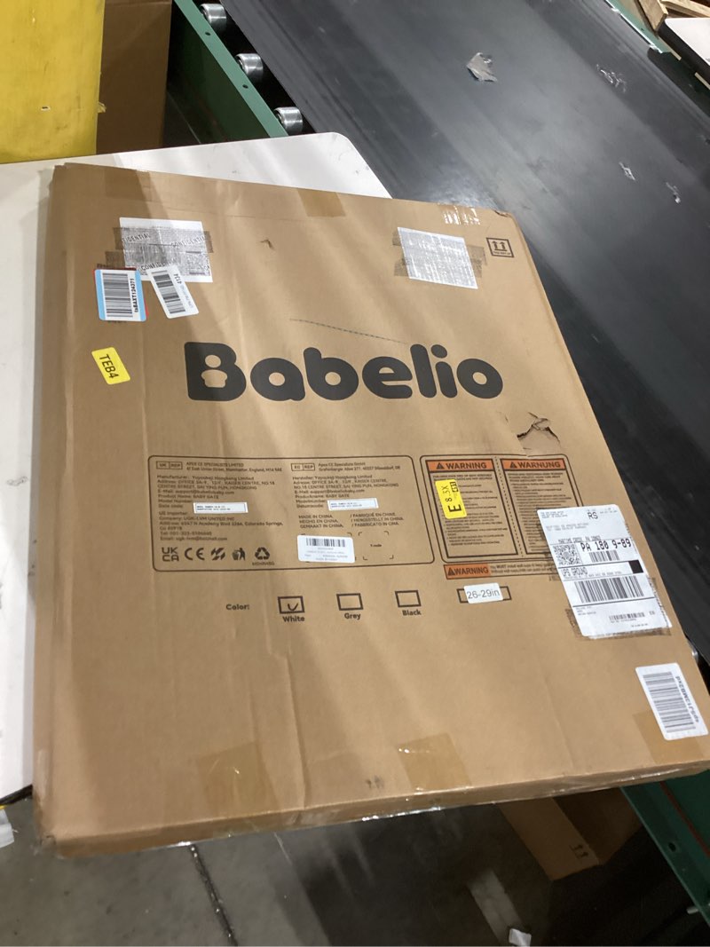 Condition photo showing New/Like New for BABELIO 26-28.5 Inch Narrow Easy Install Baby Gate, 30 Inch Tall Auto-Close Metal Pet Gate for Small Stairs and Doorways, NO Drilling Pressure Mounted, NO Extensions, White 30" High, 26-28.5" Wide White