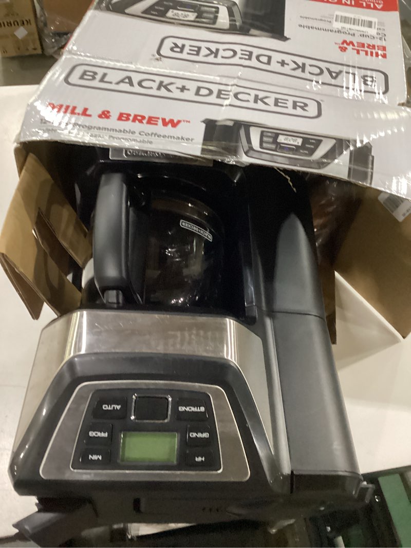 Condition photo showing As Is for Not tested ***Black and Decker BLACK+DECKER 12-Cup Mill and Brew Coffeemaker, Black, CM5000B 12-Cup Coffee System