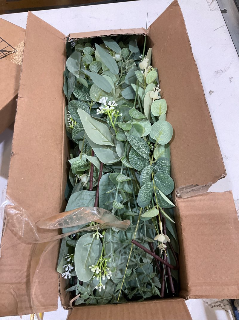 Condition photo showing As Is for lovemoon 130 pcs artificial mixed eucalyptusstems bulk, 5 kinds of faux greeneryeucalyptus leaves bulk for vase wedding diy bouquets floral arrangement home decor (130, green) green 130