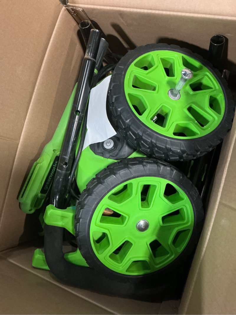 Condition photo showing As Is for greenworks 2200-psi 1.2-gpm cold water electric pressure washer with 4 spray tips