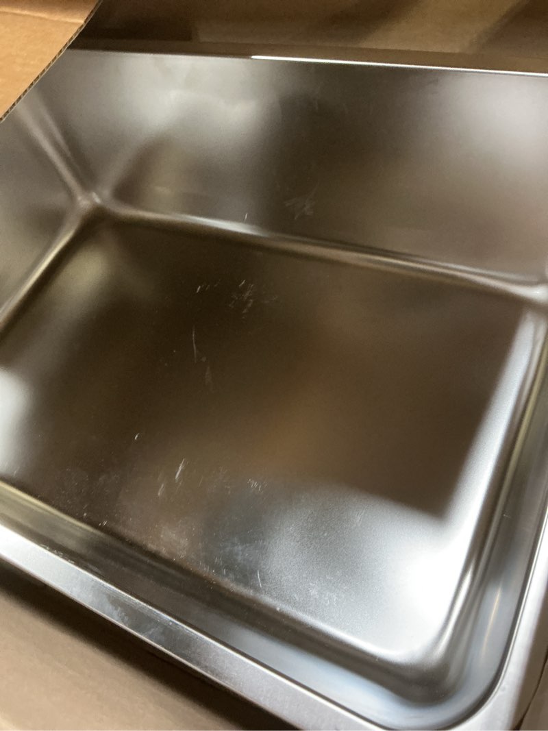Condition photo showing As Is for stainless steel litter box -6in high sided,xl metal cat litter box for big cats easy to clean, cat litterbox metal pet toilet for adult big cats,non stick, no smell,23.6"x15.8"x6" 23.6" l x 15.7" w x 6" h