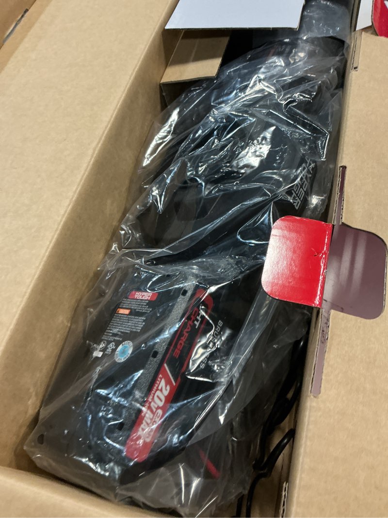 Condition photo showing As Is for hyper tough 120 cfm 140 mph 20v brushless cordless leaf sweeper/blower with 20v max 2.0ah battery and charging cable