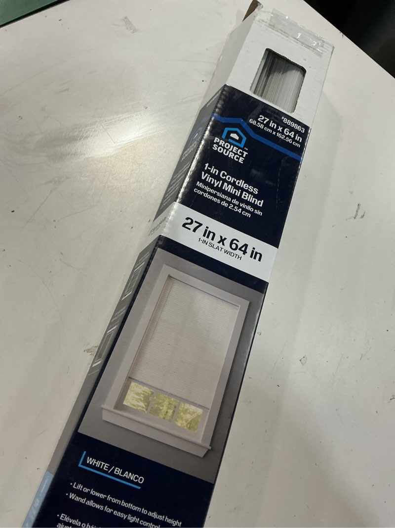 Condition photo showing As Is for project source light filtering 1-in slat width 27-in x 64-in cordless white vinyl light filtering mini-blinds