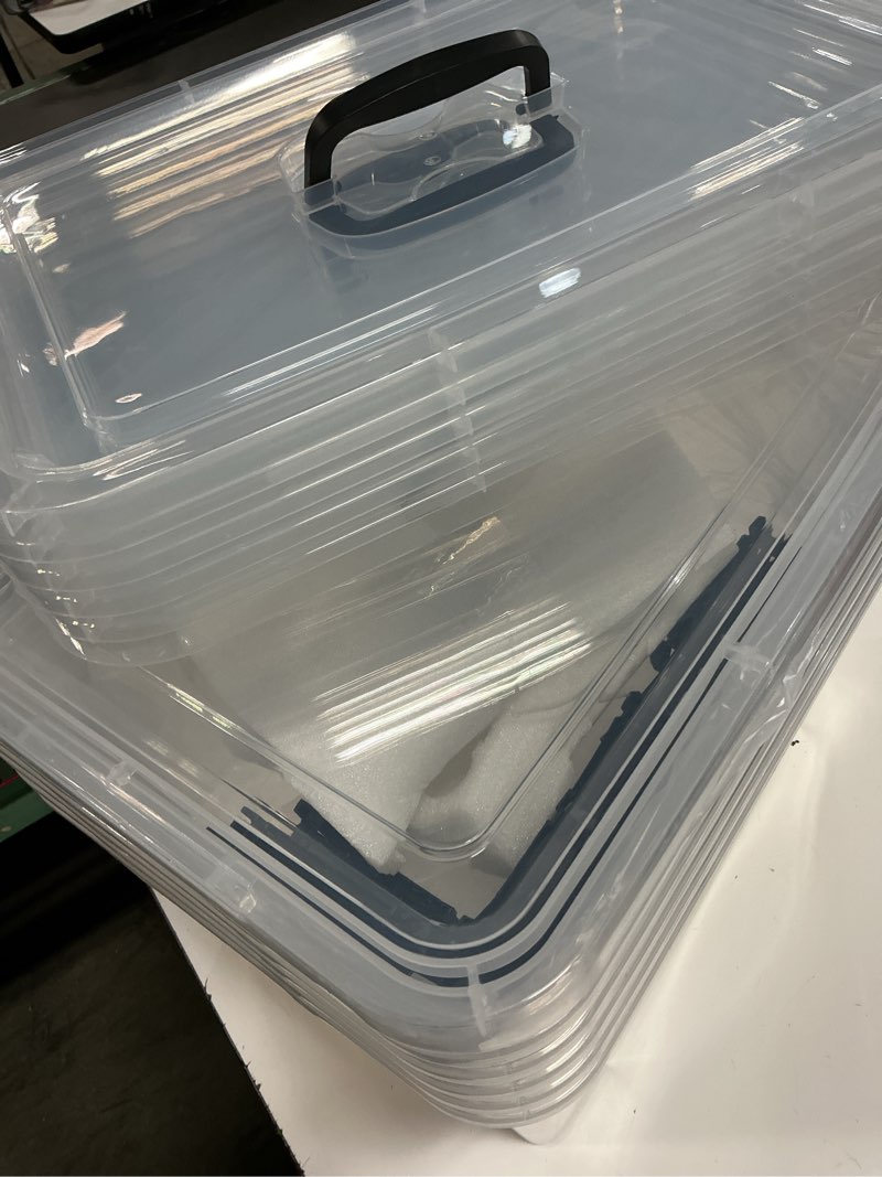 Condition photo showing Good Condition for 19 quart plastic storage bins with lids, 6-pack stackable clear storage organizing box with handle 19 qt clear