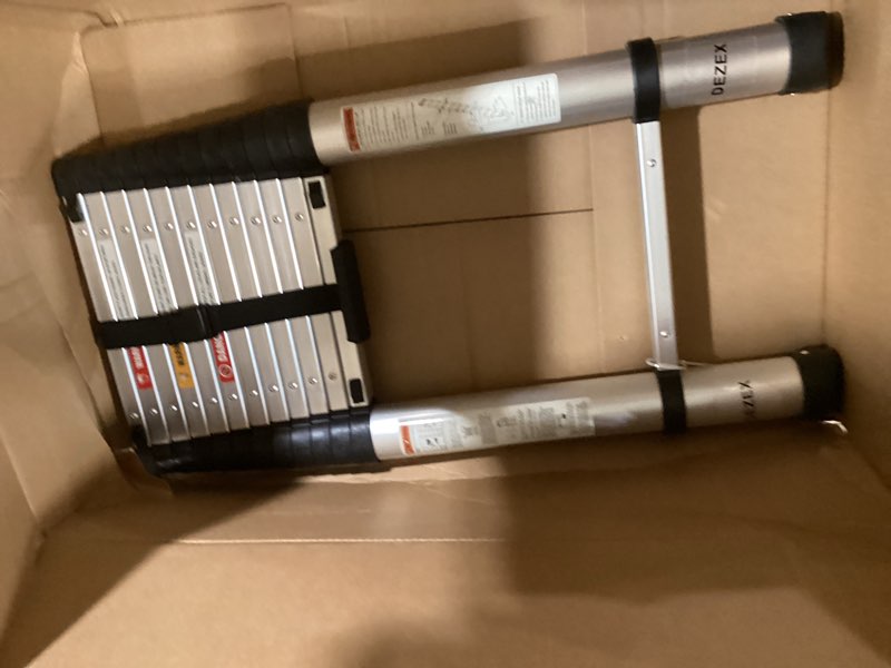 Condition photo showing Good Condition for dezex telescoping ladders 16.5 ft aluminum ladder - one-button retraction collapsible extension ladder with 2 triangle stabilizers & hooks for home, outdoors, rv, attic & loft, lasts 330 lbs one-button(aluminum) 16.5ft