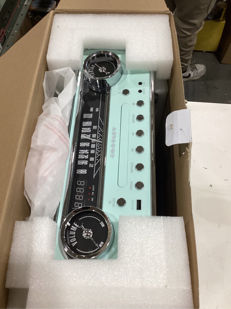 Condition photo showing As Is for Crosley CR6047A-AB Powel 7-in-1 Bluetooth in/Out Vinyl Record Player with AM/FM Radio, CD Player, and Aux-in, Aqua Blue