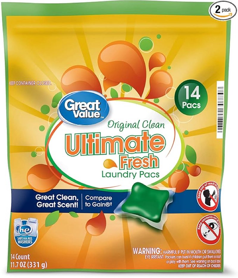 great value ultimate fresh laundry pacs, original clean, 11.7 oz (pack of 6))