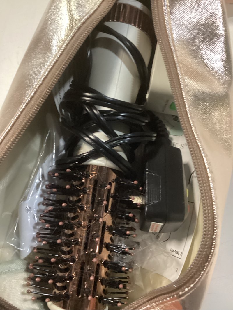 Condition photo showing As Is for travel blow dryer brush in one, dual voltage 110v-240v mini hot air brush, hair trends nano titanium 2 inch one step hair dryer and styler volumizer oval shape 50 mm white & rose gold