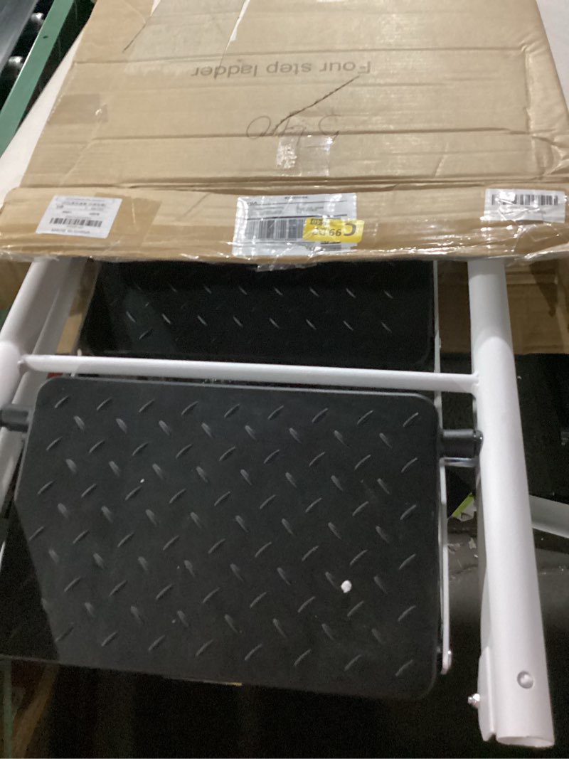 Condition photo showing As Is for 4 step ladder, folding step stool with wide anti-slip pedal & thick rubber feet, handrail, safe-lock design, folding portable ladder for multi-purpose, 800lb, white white 4 step