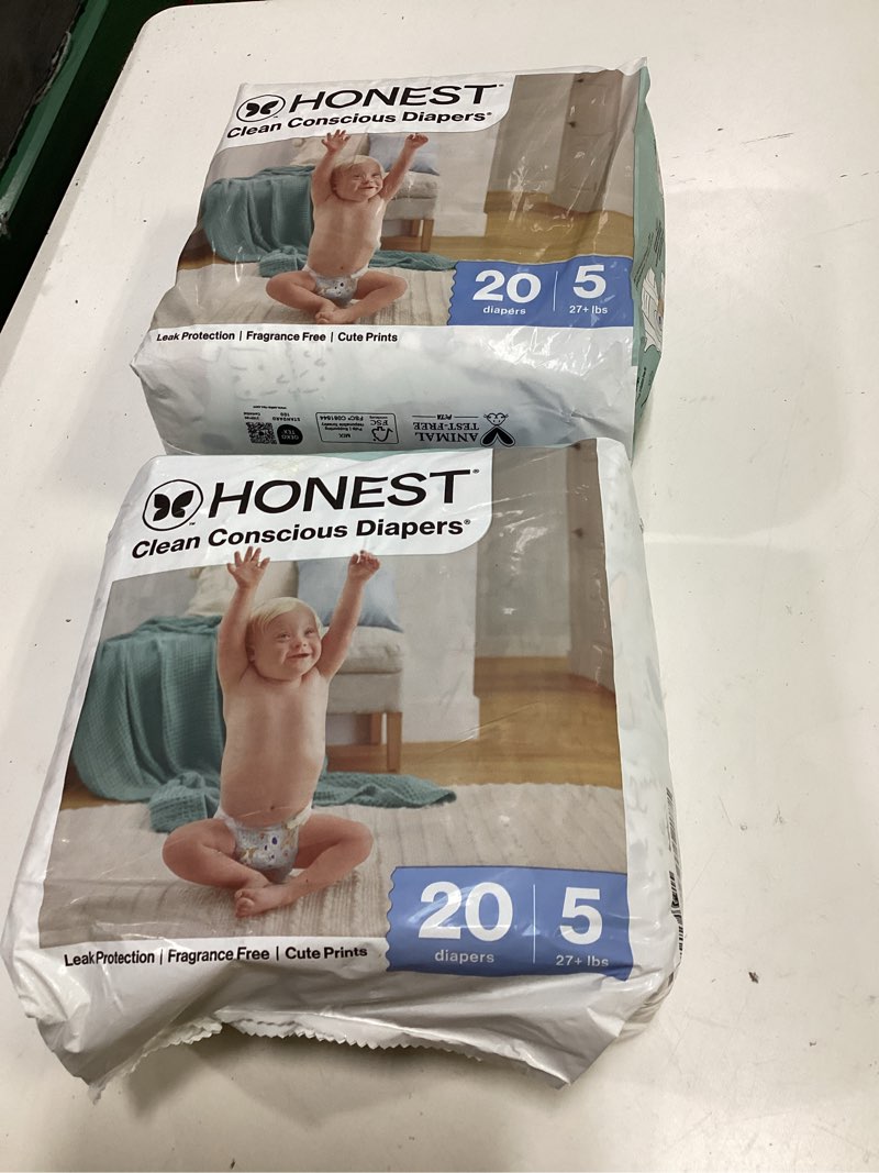 Condition photo showing Good Condition for (of 2 pack) the honest company clean conscious diapers for delicate skin | up to 100% leakproof | hypoallergenic, fragrance free | it's a pawty | polybag, size 5 (27+ lbs), 20 count