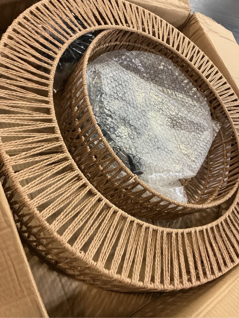 Condition photo showing Good Condition for lamqee 22 inch farmhouse rattan chandeliers, 5 lights boho chandelier light fixture with hand woven wicker shade, large rattan pendant lights ceiling hanging lighting for dining room kitchen island 22" brown-v and black metal large