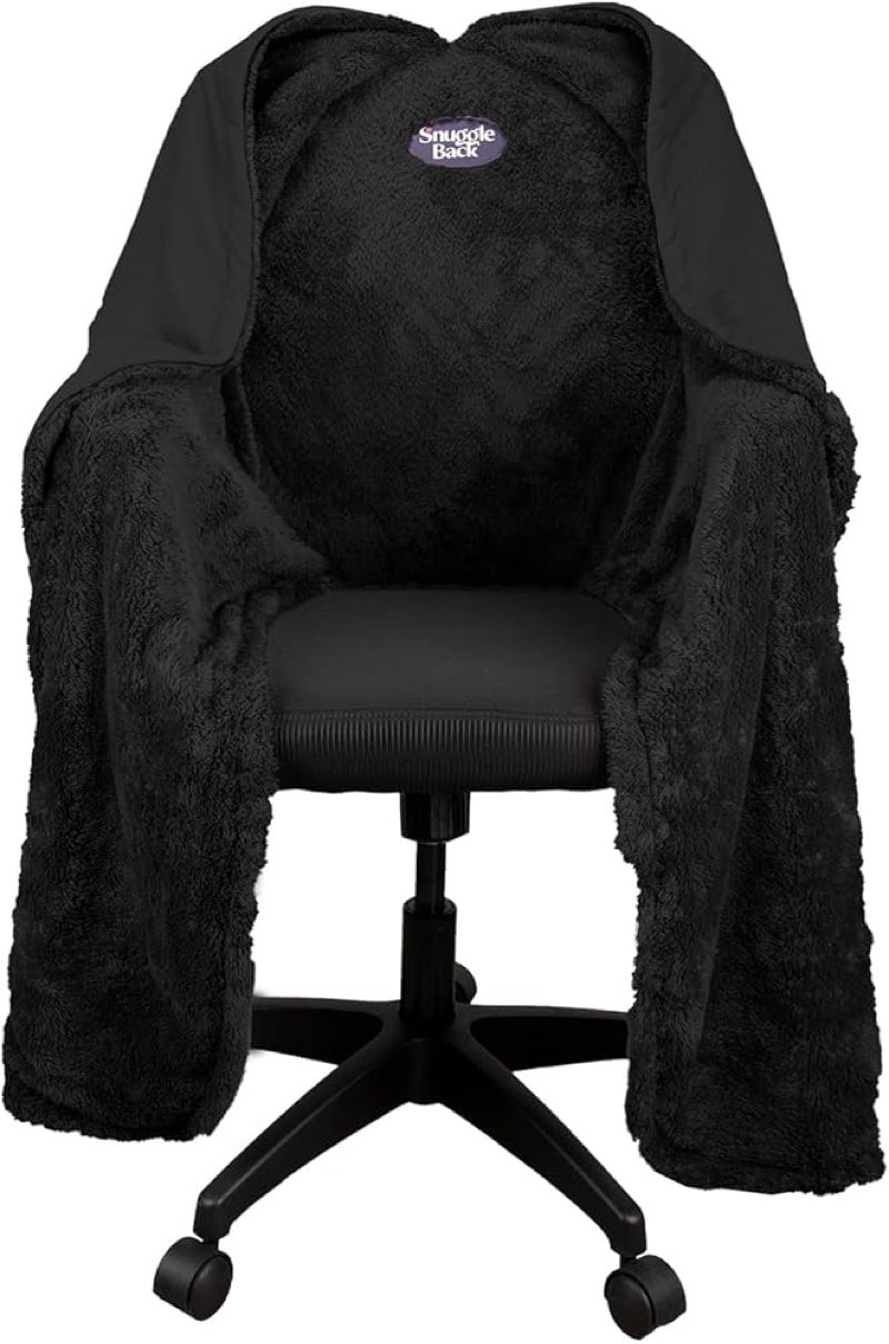 the original office chair blanket by snuggleback; cozy comfy office desk chair wrap attaches for convenient heat and hands-free. stay warm in the winter or summer. sherpa fur lining black pattern fleece
