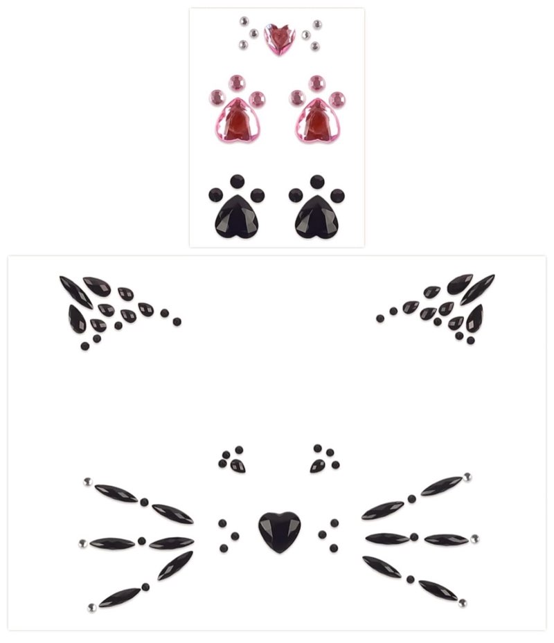 Doneace Crystal Cat Face Jewels Pink Cat Print Gems Black Cat Eye Gems Sticker and Fake Cat Lash Gems Tattoo Stick on Face for Men Women Cat Halloween Makeup 03.Crystal Cat Face Jewels One size fits all
