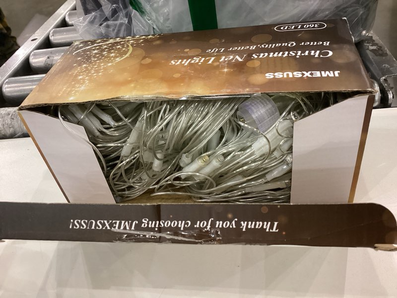 Condition photo showing As Is for JMEXSUSS Outdoor Net Lights Waterproof, 12ft x 5ft Plug in with 8 Modes Remoter, 360 LED Net Lights for for Bush Patio Christmas Tree Decor (Clear Wire, Warm White) Warm White 360 LED