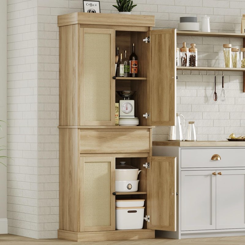 garvee kitchen pantry cabinet, tall storage cabinet with rattan doors and adjustable shelves, freestanding cupboard with drawer for bathroom, dining room, living room, natural oak (incomplete, missing parts)