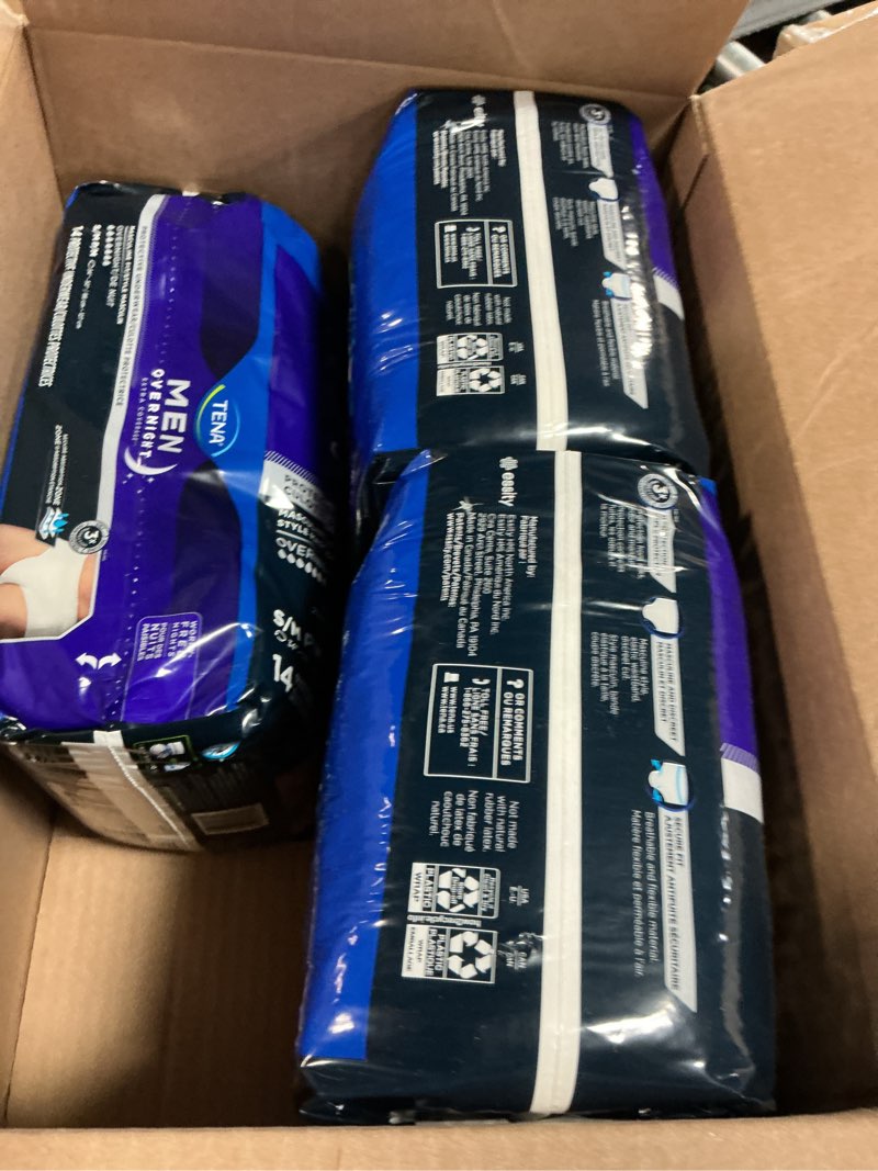 Condition photo showing Good Condition for Packs de 3 TENA Overnight Extra Coverage Incontinence Underwear for Men, Masculine Style and Discreet Cut Men's Underwear, Small/Medium, 43 ct Small/Medium 43