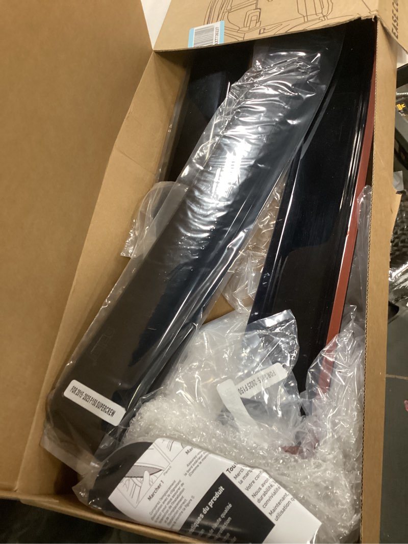 Condition photo showing Good Condition for Outside-Mount Rain Guards Window Visors for 2015-2026 Ford F-150 SuperCrew & 2017-2026 Raptor/F-250/F-350/F-450/F-550 Super Duty SuperCrew Wind Deflector Dark Smoke 4-Piece Set with Thicker