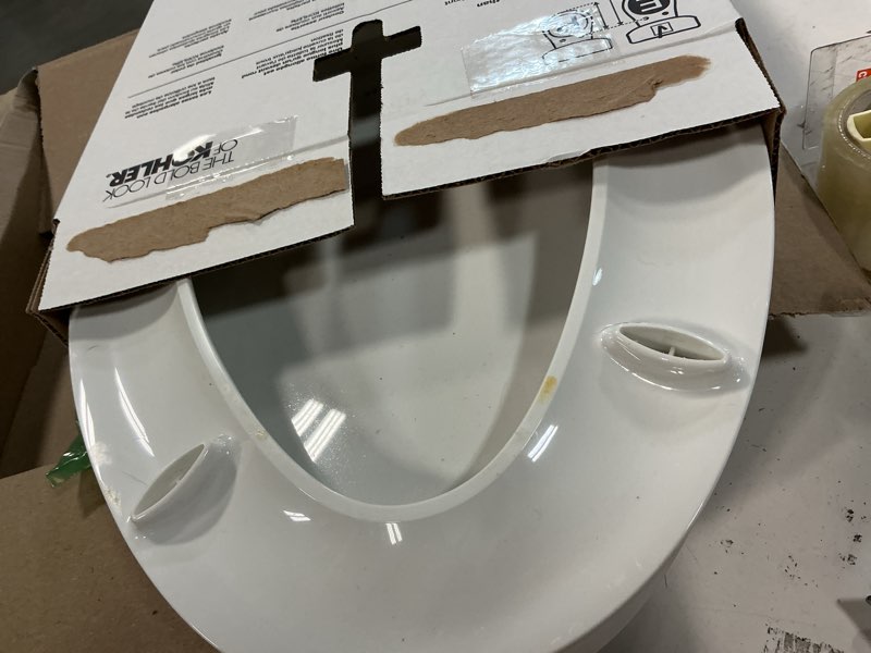 Condition photo showing As Is for KOHLER 4636-RL-0 Cachet ReadyLatch Elongated Toilet Seat Slow Close, Soft Close Toilet Seat Quiet Lid, Contoured Grip-Tight Bumpers Installation Hardware, Apartment Essentials, White White Elongated Ready Latch