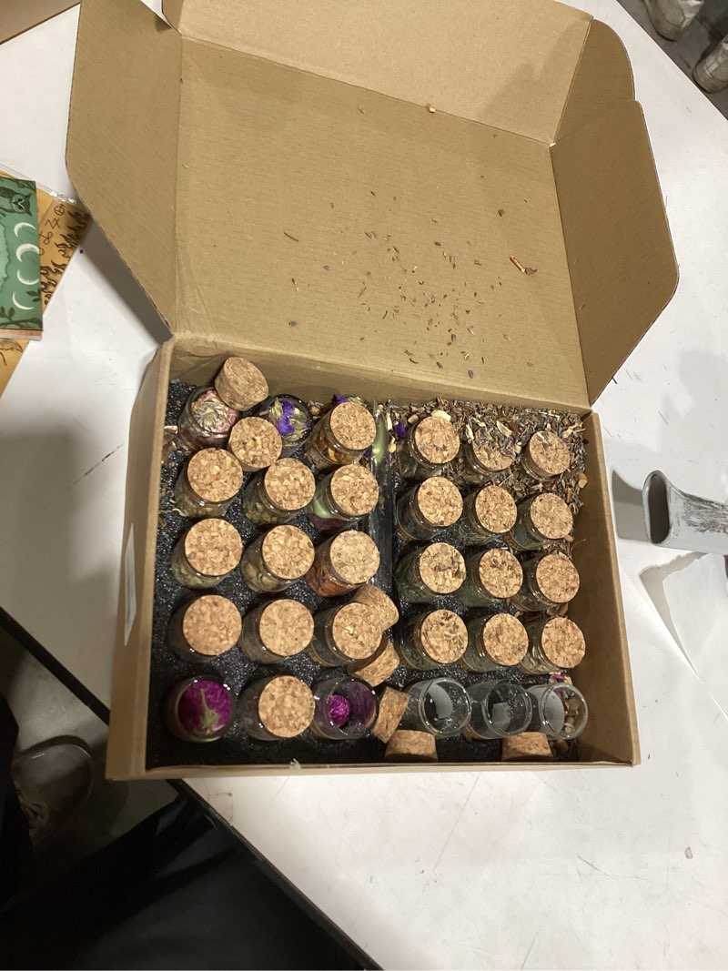 Condition photo showing As Is for ainswei dried herbs and flowers kit with 30 glass bottles for witchcraft, candle & soap making, wiccan altar decor, spell jars, meditation and home fragrance, beginner witch gifts for women 30 pack herb & flowers