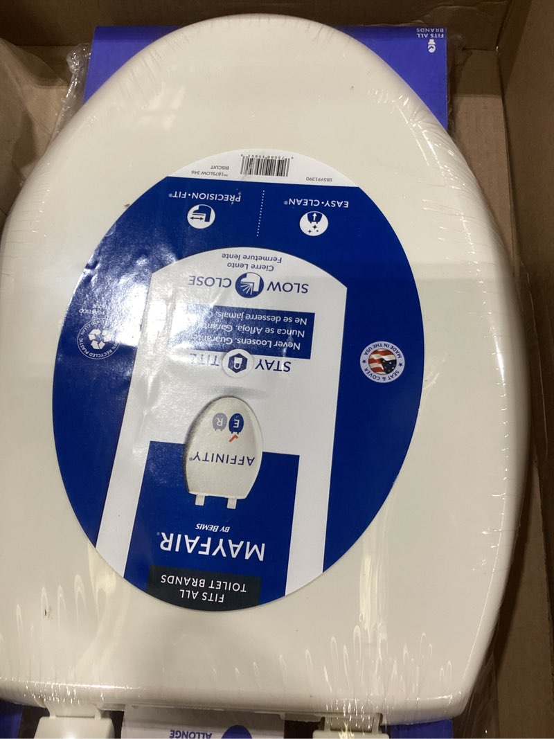 Condition photo showing As Is for mayfair aurora slow close toilet seat, easy clean hinges and adjustable perfect fit plastic seat, made in usa, elongated, biscuit