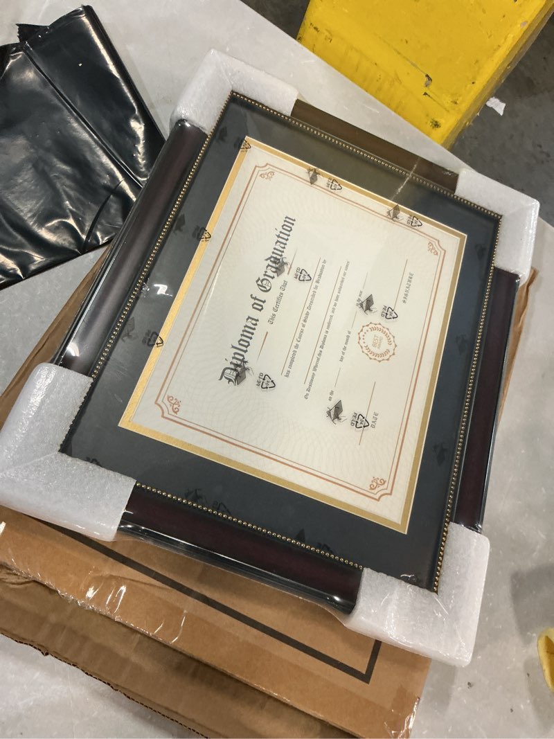Condition photo showing New/Like New for graduationmall 8.5x11 diploma frame with black over gold mat or display 11x14 document without mat, uv protection acrylic, mahogany with gold beads mahogany with gold beading 11x14 or 8.5x11 with mat