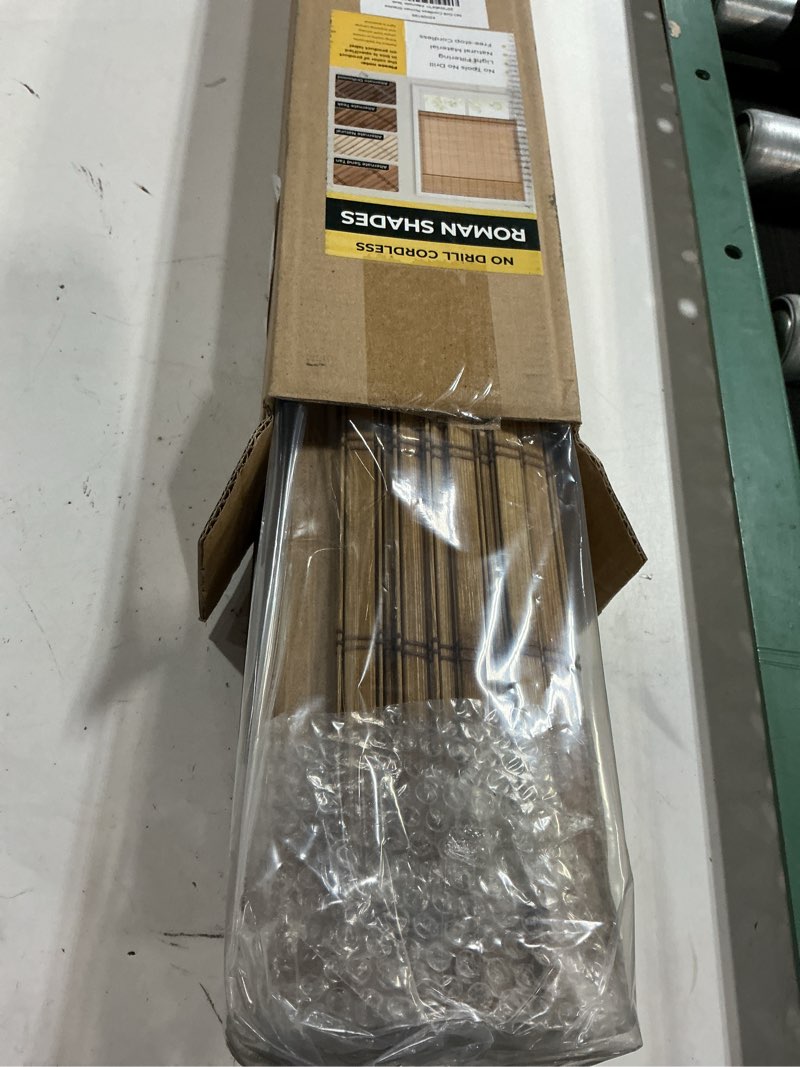 Condition photo showing New/Like New for unishades no drill cordless bamboo roman shades, light filtering woven natural bamboo window covering, easy install roman style shade, for window size 20" w × 64" h - alternate teak ?wide bamboo strips?alternate teak 20" w × 64" h