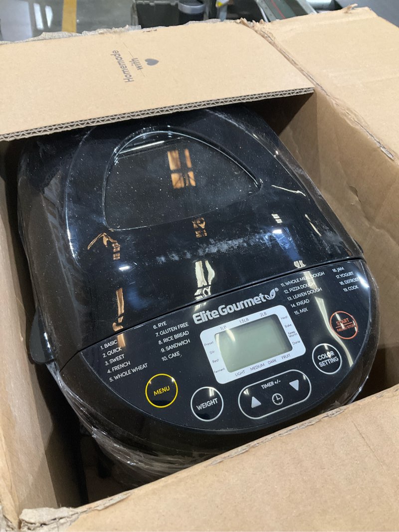 Condition photo showing As Is for elite gourmet programmable bread maker, 2 lb loaf, 3 sizes, 19 presets incl. gluten-free, dough & jam, delay timer, black