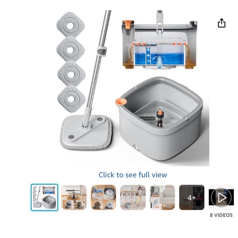 spin mop and bucket set with self separation dirty and clean water system, self wringing 360° rotating square mop head for home floors cleaning (1.0 mop and bucket set (4 pads))