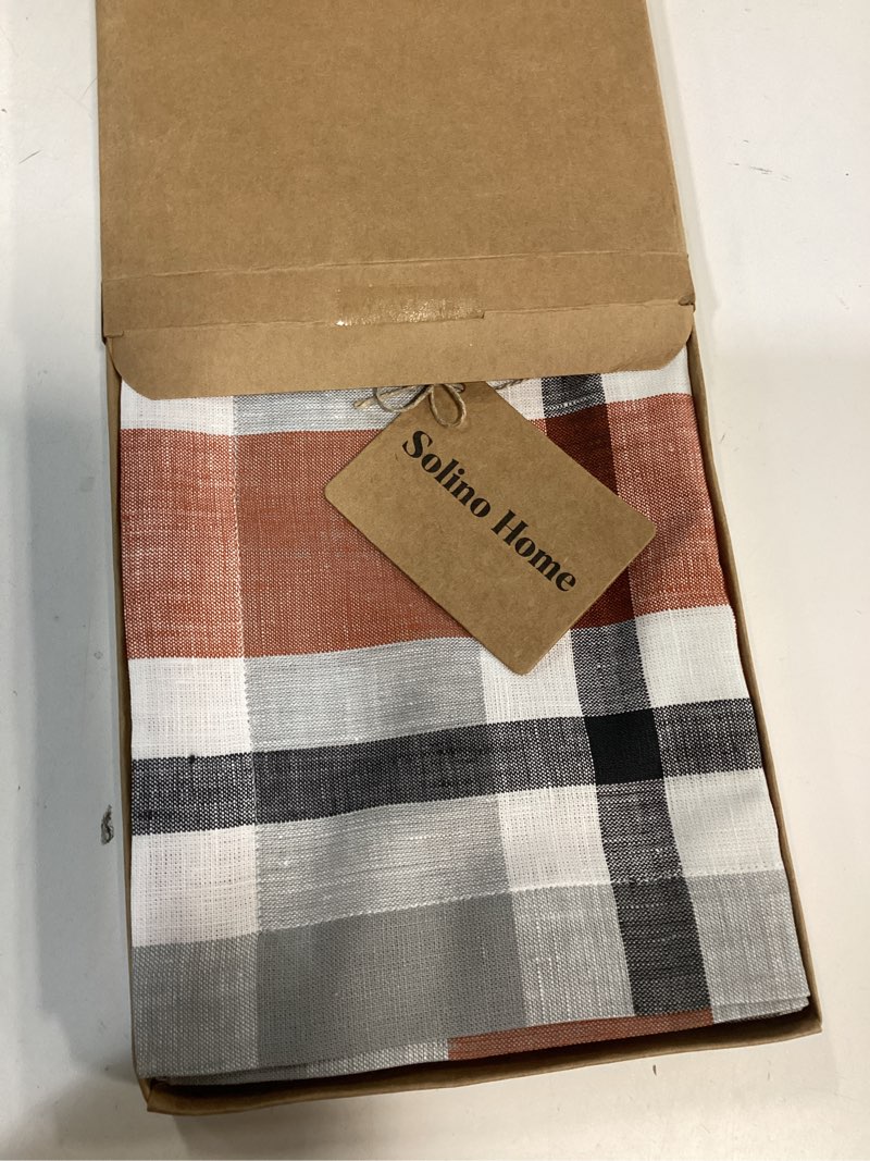 Condition photo showing New/Like New for Solino Home Pure Linen Cinnamon Plaid Table Runner 14 x 72 Inch for Dining and Dresser - Fall Buffalo Check Fall Buffalo Check 14 x 72 Inch