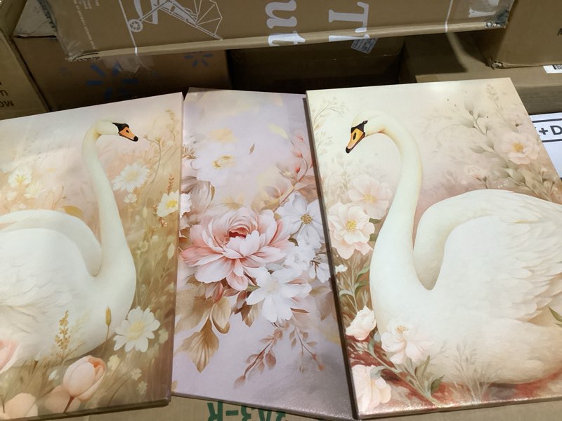 Condition photo showing Good Condition for 3pcs nursery swan canvas wall art girl kid animal wall decor pictures pink swan flowers posters prints for living room bedroom girls room decoration prepare to hang girl swan 16x24in-canvas