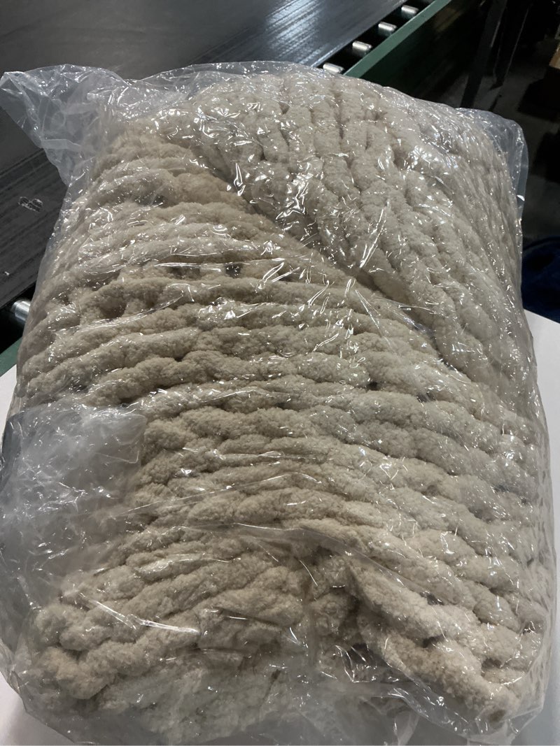 Condition photo showing Good Condition for Bigacogo Chunky Knit Throw Blanket for Couch, 60x80 inches, 100% Hand Knitted with Thick Jumbo Chenille Yarn, Cozy Soft Large Rope Knot Cable Crochet Blankets for Sofa Bed Living Room, Beige Beige 60"x80" (Over Size Throw?