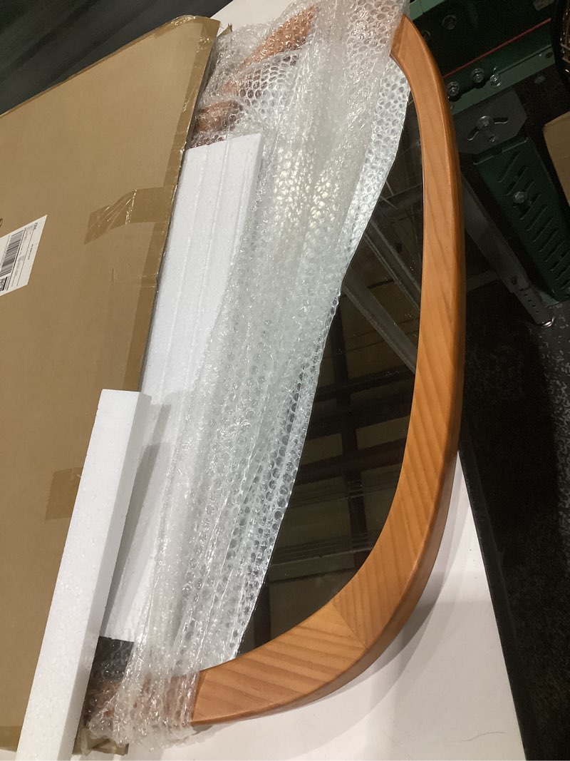 Condition photo showing Good Condition for fuin asymmetrical irregular wall mirror 30.5" x 19.5" – solid wood frame mid century modern decor, organic pebble shaped hd glass for bathroom vanity, bedroom, living room & entryway (teak finish)
