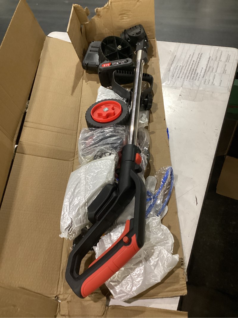 Condition photo showing Good Condition for electric weed wacker battery powered weed eater, 21v cordless string trimmer battery operated with wheels & metal blades, lightweight 4 in 1 grass trimmer/brush cutter/lawn edger/mower for garden yard