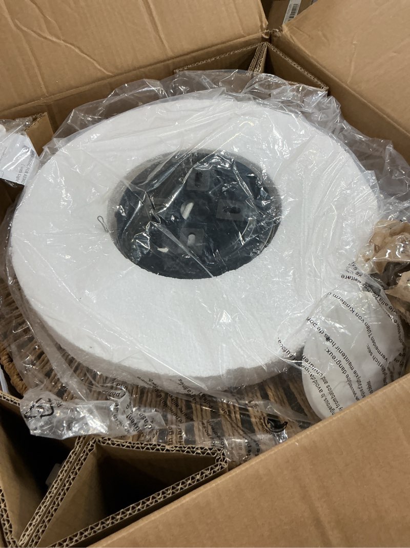 Condition photo showing Good Condition for 20" woven caged low profile bladeless ceiling fan with light and remote, farmhouse flush mount boho ceiling fans light, enclosed industrial ceiling fan 6 speed reversible w/ 4 e26 bulb base