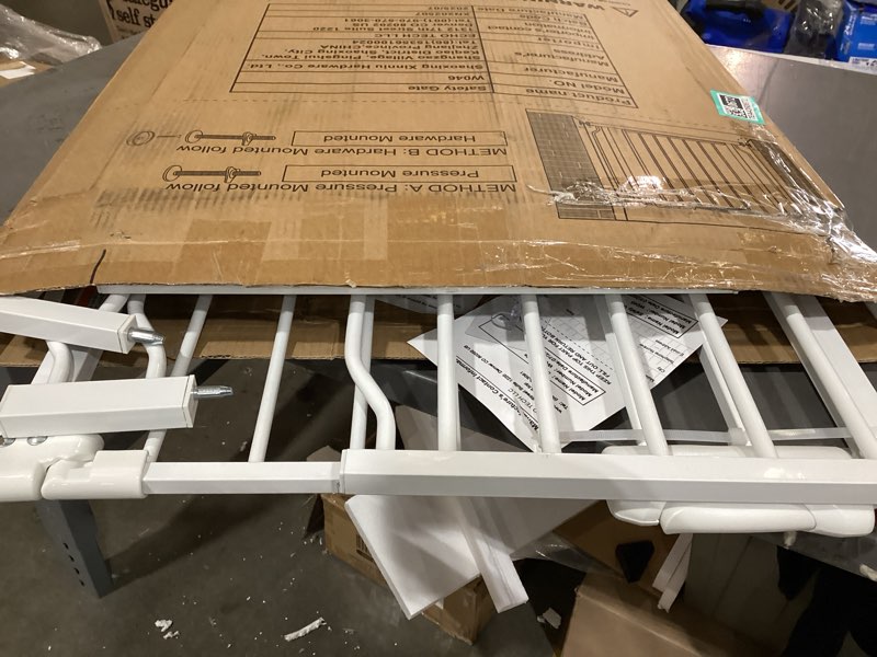 Condition photo showing New/Like New for waowao baby gate 62.20-71.26" extra wide pressure mounted walk through swing auto close safety white metal toddler kids child dog pet puppy for stairs,doorways,kitchen white 62.2-70.6"/158-179.32cm