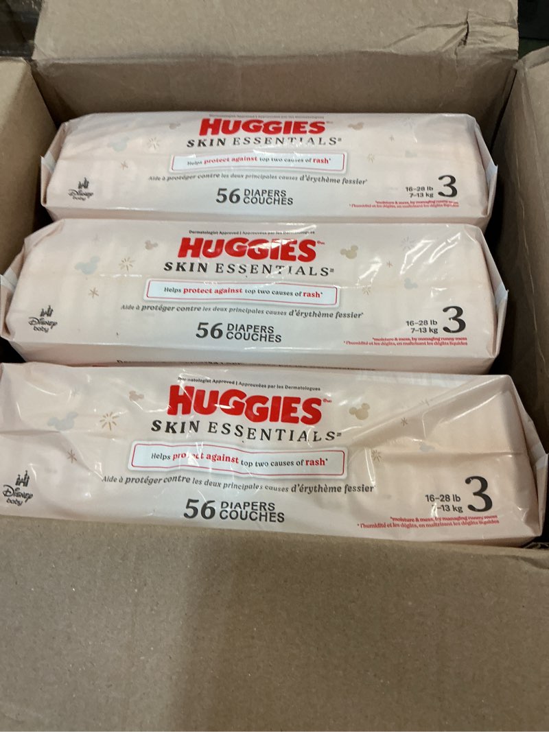 Condition photo showing New/Like New for Huggies Size 3 Diapers, Skin Essentials Baby Diapers, Size 3 (16-28 lbs), 168 Count (3 Packs of 56), Packaging May Vary Size 3 168