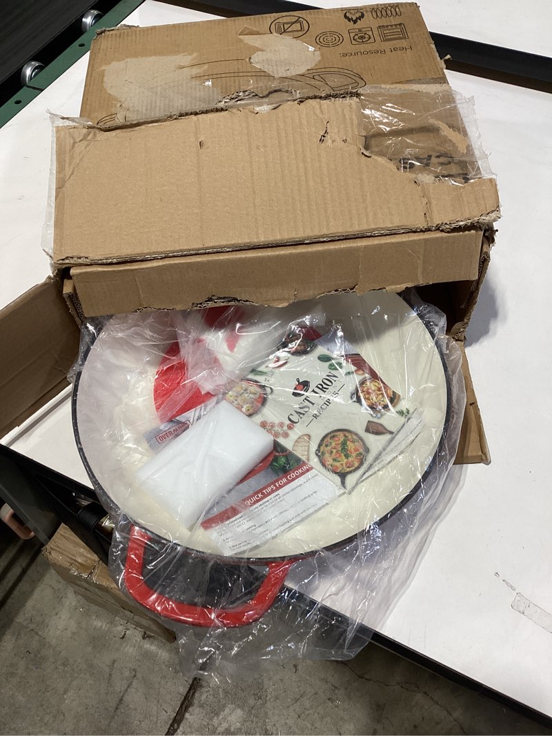 Condition photo showing New/Like New for Overmont Enameled Cast Iron Dutch Oven - 3.8 Quart Dutch Oven Pot with Lid - Shallow Cookware Braising Pan - Cast iron Casserole with Cookbook & Heat-resistant Caps - Oven Safe up to 500° F red
