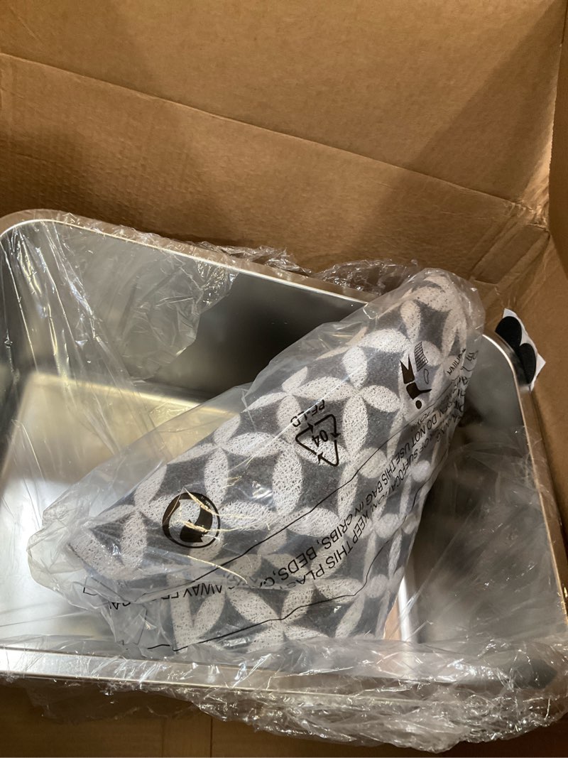 Condition photo showing Good Condition for 2 pack stainless steel cat litter box with high sides - metal cat pan, large indoor litter tray, never absorbs odor, pet toilet supplies smooth surface for kitten, kitty, rabbit 19.7"x13.8"x8"