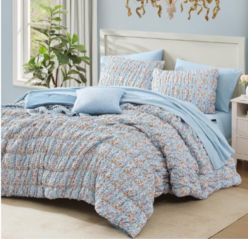 bloomhaven full size comforter sets-7 pieces puff marigold blue floral bedding set for all seasons, 
