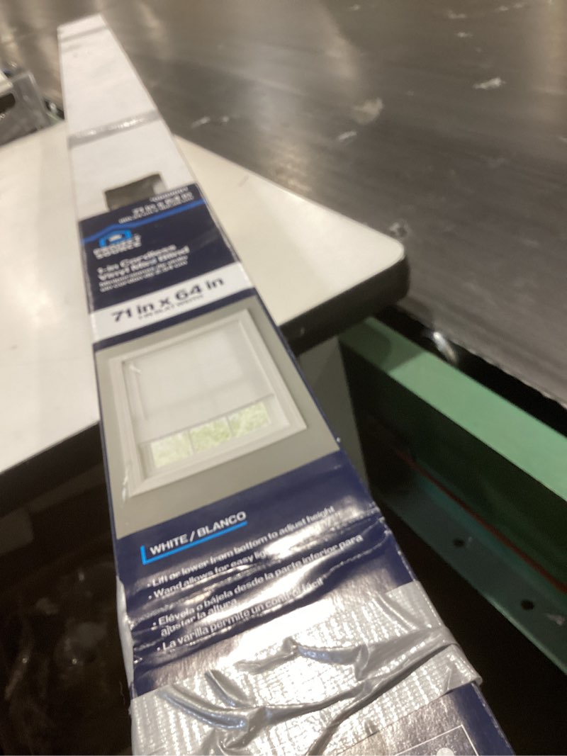 Condition photo showing As Is for project source light filtering 1-in slat width 71-in x 64-in cordless white vinyl light filtering mini-blinds