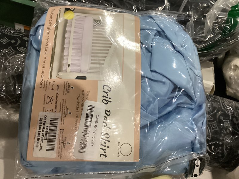 Condition photo showing New/Like New for crib bed skirt 28” x 52” with 14” drop – split corners dust ruffle, microfiber - breathable, durable, elastic adjustable fit, soft nursery bedding for baby boys & girls, light blue solid 28" x 52"-14 light blue solid