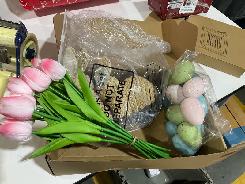 Condition photo showing Good Condition for Dingion Easter Table Centerpiece Spring Tray Decorations Includes 2 Rattan Bunnies,  Easter Eggs and 10 Pink Fake Tulip Florals for Tables Spring Indoor Home Decor