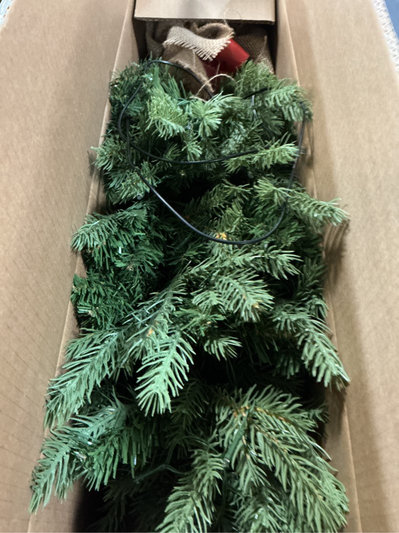 Condition photo showing As Is for National Tree Company 3 ft Pre-Lit Nordic Spruce Mini Artificial Christmas Tree, Burlap Base, Red Bow, 50 Clear LED Lights, 363 Tips, Timer, Green