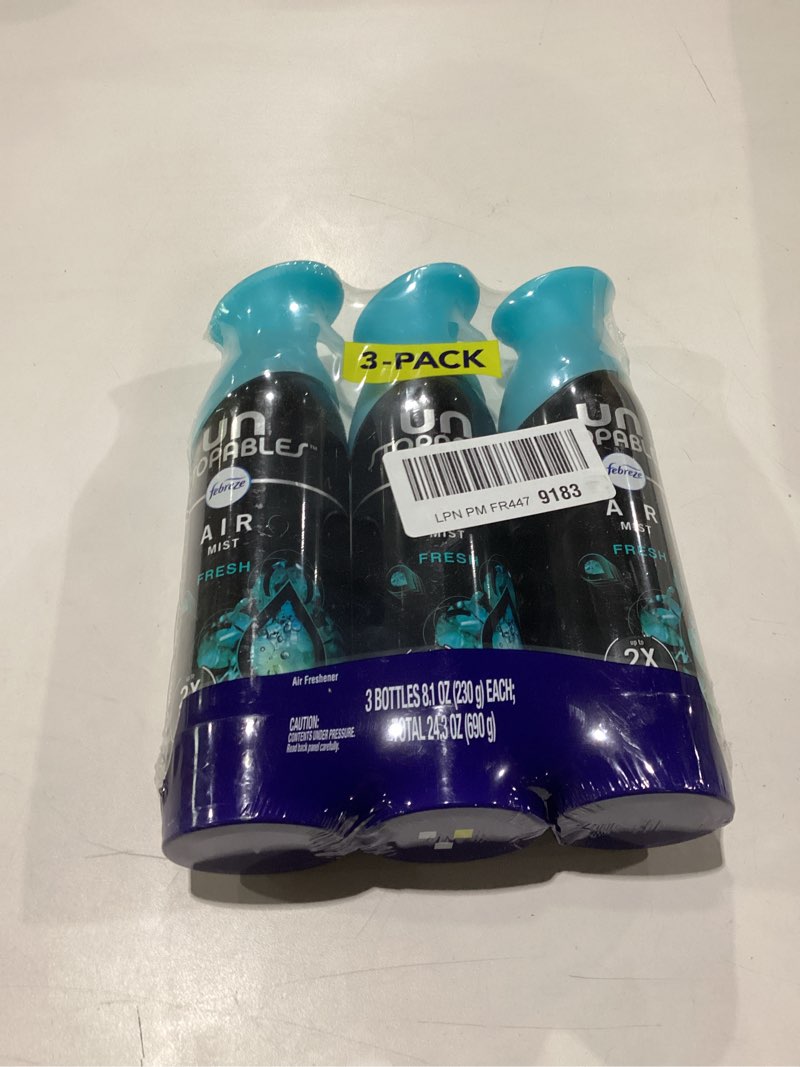 Condition photo showing New/Like New for febreze air mist air freshener spray, odor-fighting room spray, air fresheners for home and bathroom and kitchen, aerosol can, unstopables fresh scent, multicolor, 8.8oz (pack of 3) unstoppables fresh 8.8 ounce (pack of 3)