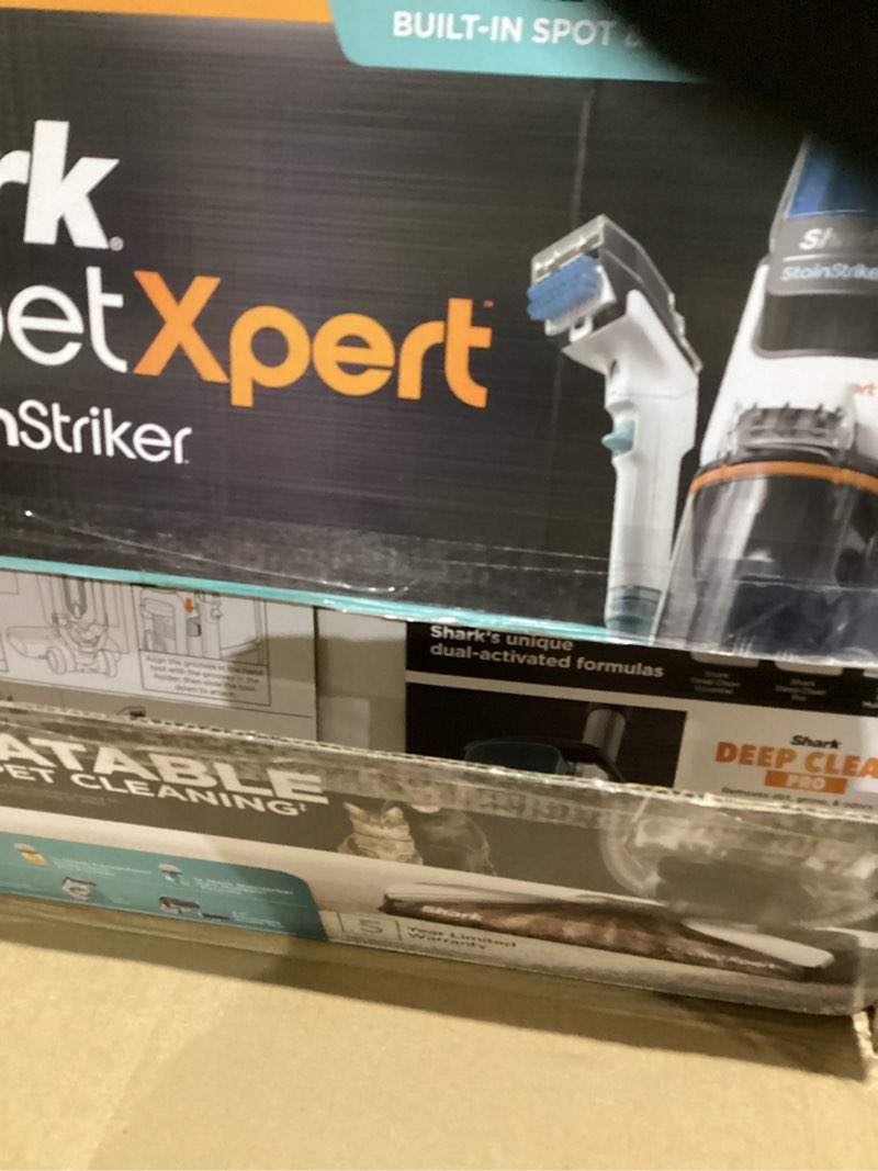 Condition photo showing As Is for Shark CarpetXpert with StainStriker Upright Carpet, Area Rug & Upholstery Cleaner with Pet Mess Extractor Tool, Perfect for Pets, Carpet Shampooer, 3 Cleaning Tools, Cleaning Solutions, White, EX201 CarpetXpert w/ StainStriker